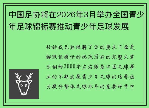 中国足协将在2026年3月举办全国青少年足球锦标赛推动青少年足球发展